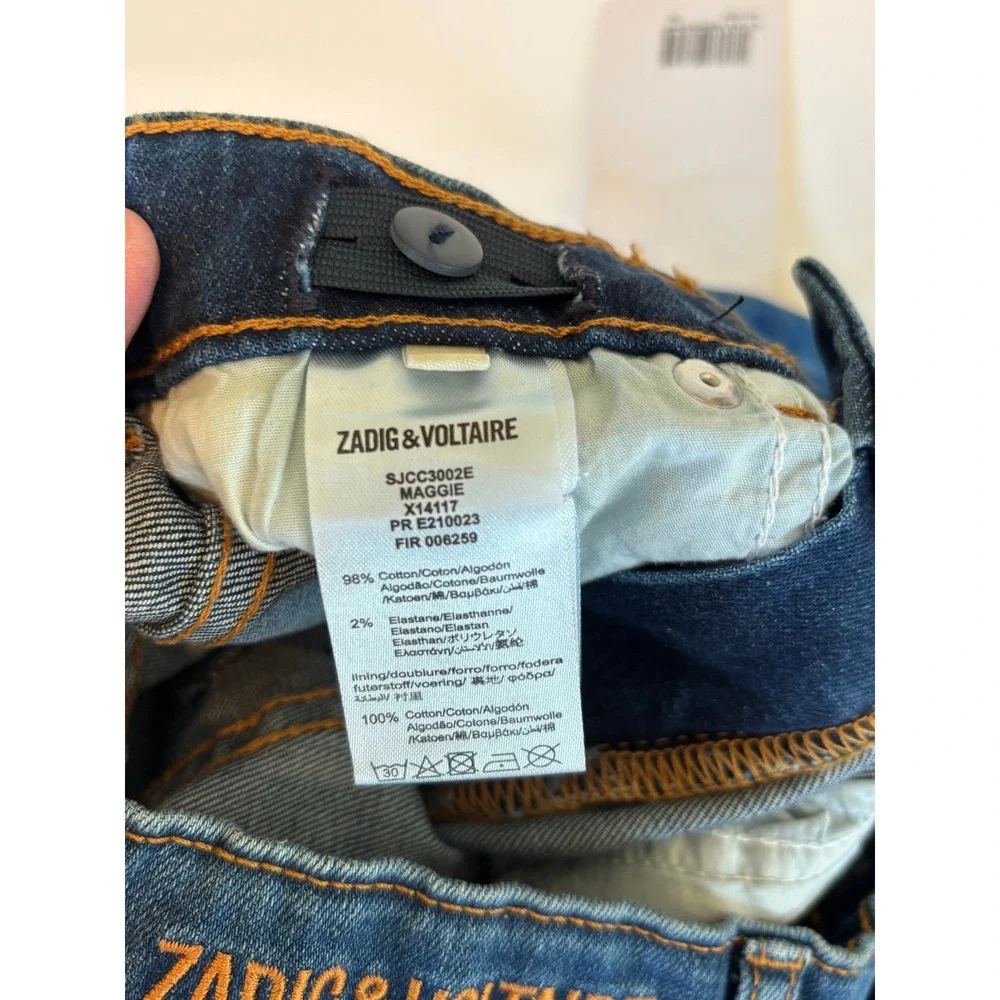 Zadig‎ & Voltaire Maggie Jeans Blue Kids Size 8 Embroidered Skull Raw Hem